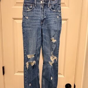 Abercrombie & Fitch Distressed Blue Straight Leg Jeans size is 24 00R